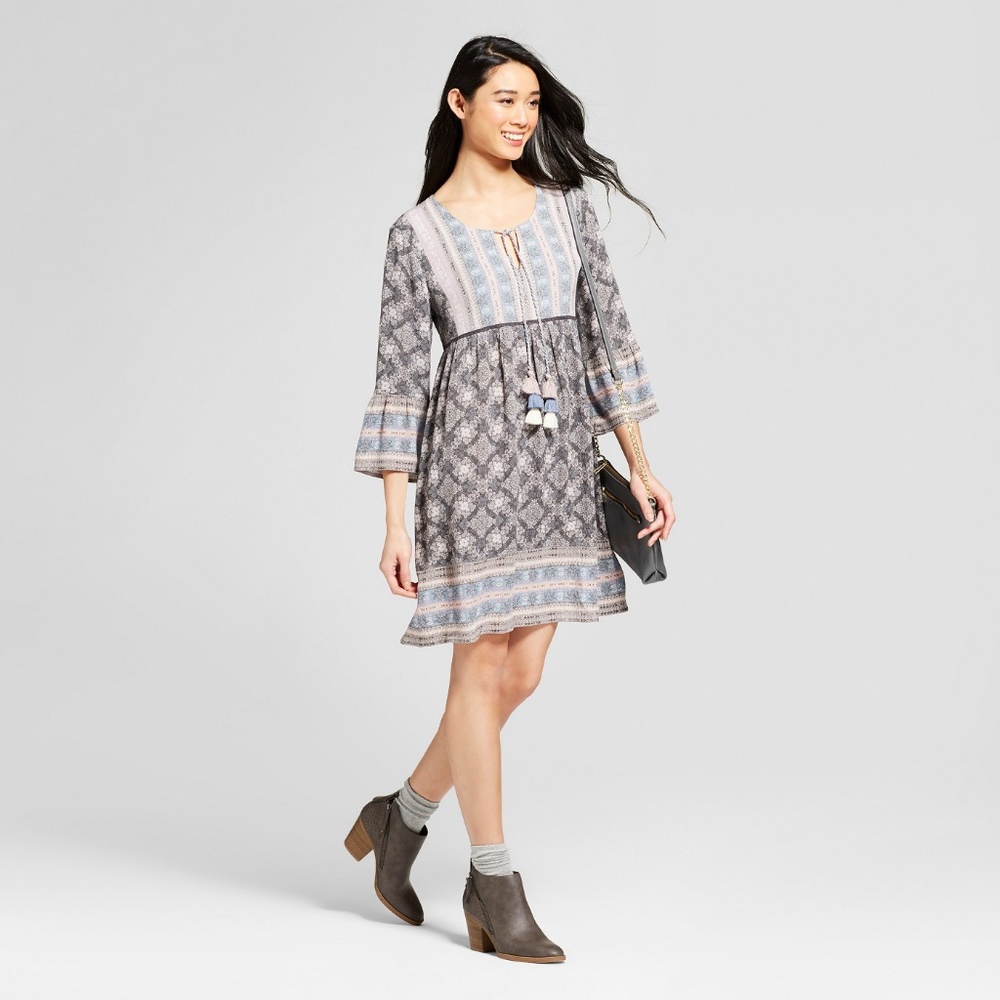 Bell Sleeve Border Print Dress with Tassels